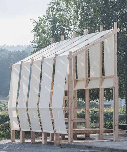 erazo pugliese and cesuga cover modular wooden installation's frame with translucent fabrics