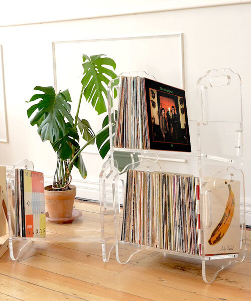 transparent vinyl record shelving system allows for multiple configurations