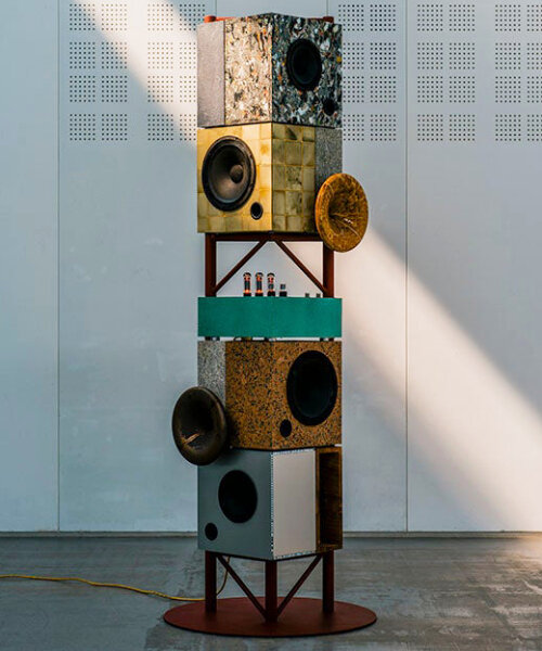 material record creates noon speaker using fuel tanks, denim scraps and construction waste