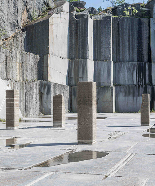 natural forces sculpt rammed earth columns in sustainable norwegian quarry installation