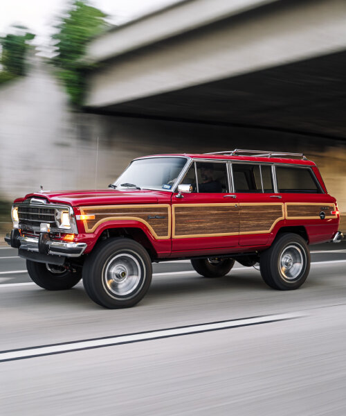 vigilante restores 1988 jeep wagoneer into a crimson truck with wood panels on the sides